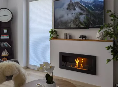 Wall-Mounted Bioethanol Fireplace – 900×400 mm SLIM, Textured Matte Black with Glass