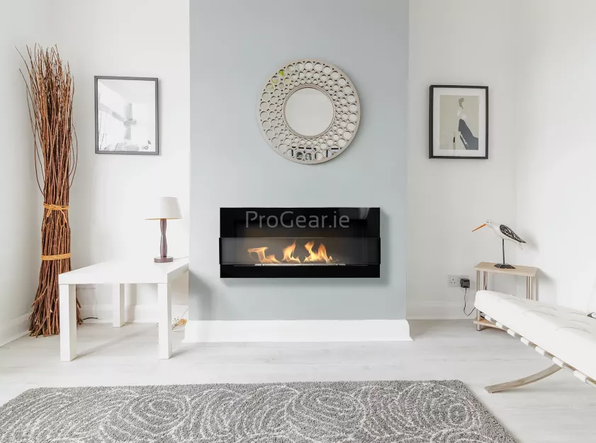 Wall-Mounted Bioethanol Fireplace – 900×400 mm, Glossy Black with Glass