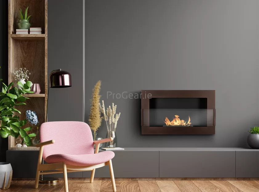 Wall-mounted bioethanol fireplace with glass — 650x400 mm, matte textured bronze finish