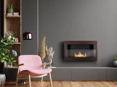 Wall-mounted bioethanol fireplace with glass — 650x400 mm, matte textured bronze finish