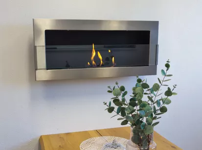 Wall-Mounted Bioethanol Fireplace – 900×400 mm, Brushed Inox with Glass